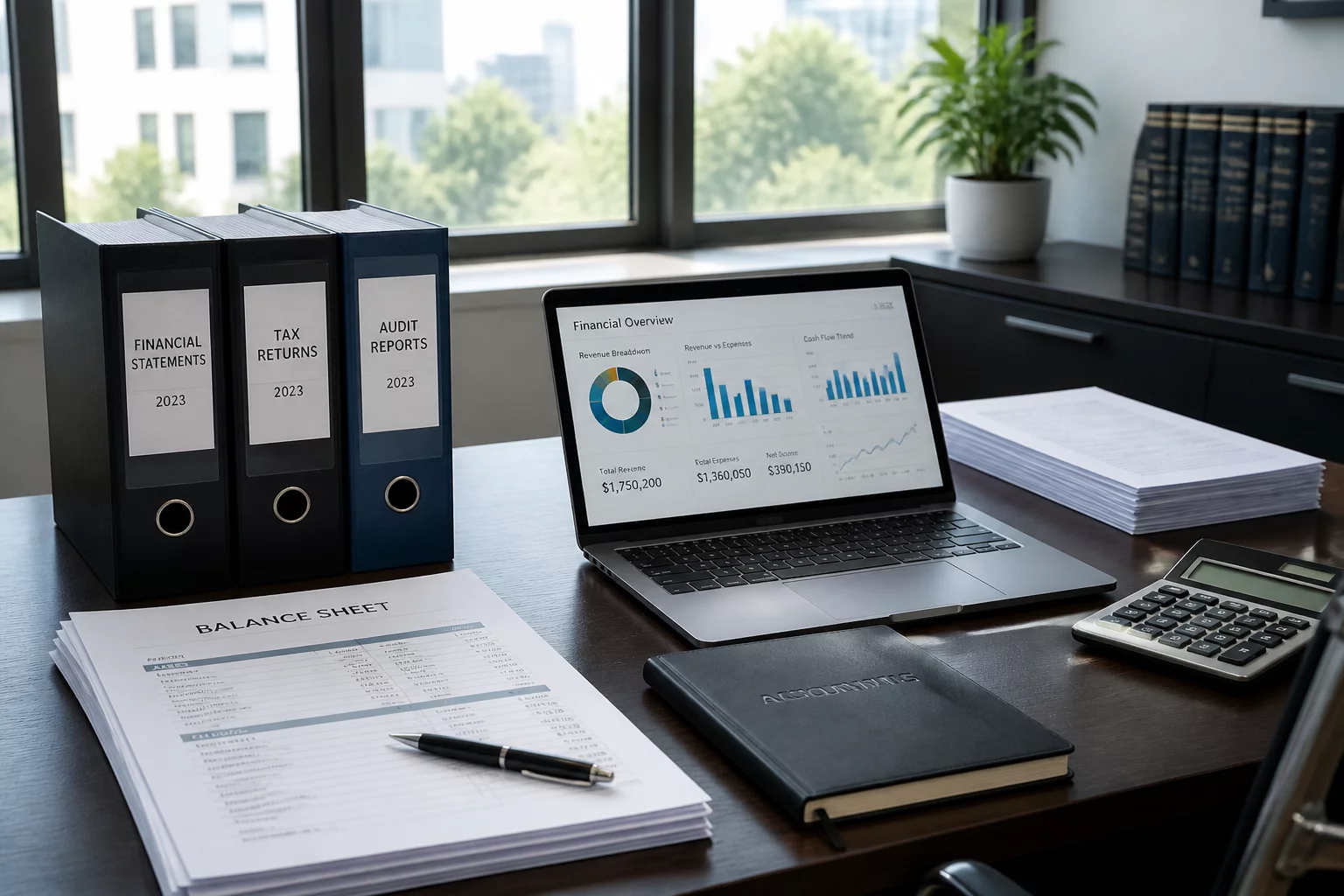 Accruloom executive accounting and advisory desk with financial ledgers